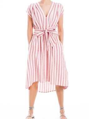 Max Edition Red White Stripe Cap Sleeve Tie Waist Dress Cottagecore Small